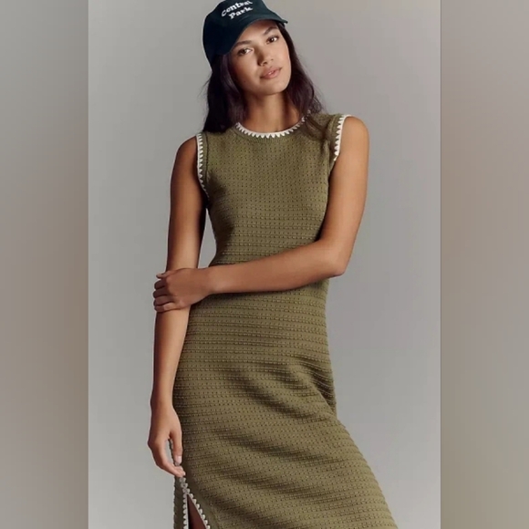 NWT Varley Dwight Knit Midi Dress- Olive With Cream Trim - Picture 2 of 6